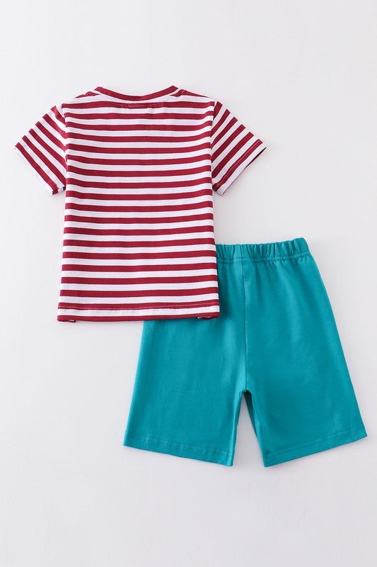Red stripe train animals applique boy set