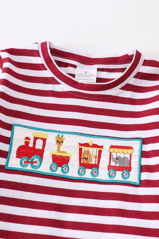 Red stripe train animals applique boy set