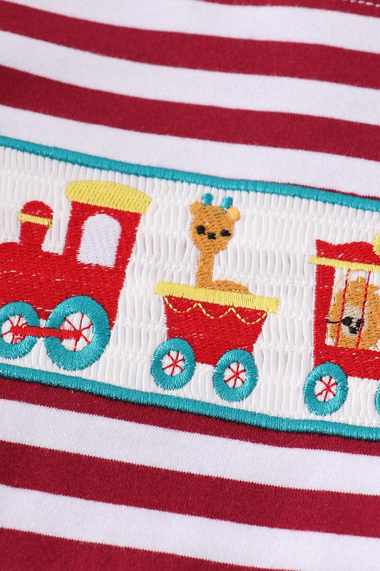 Red stripe train animals applique boy set