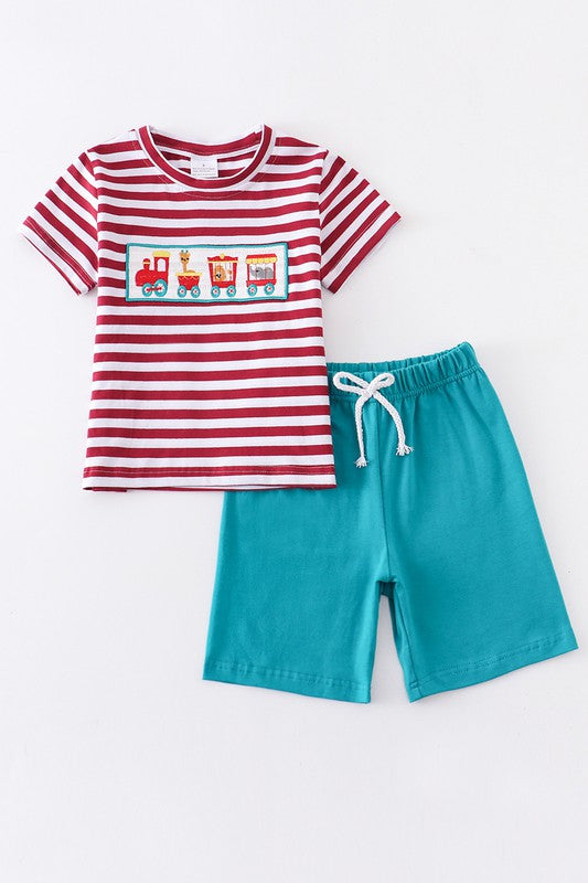 Red stripe train animals applique boy set