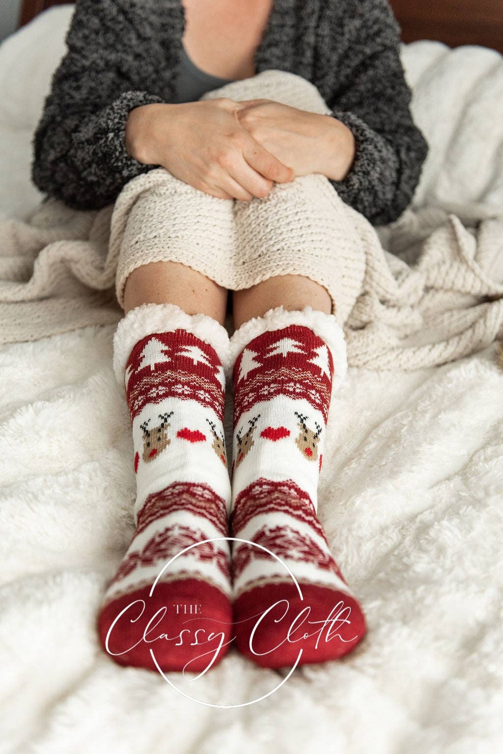 Non-Slip Sherpa Lined Socks - Red Reindeer Faire RTS - 219 Main Marketplace