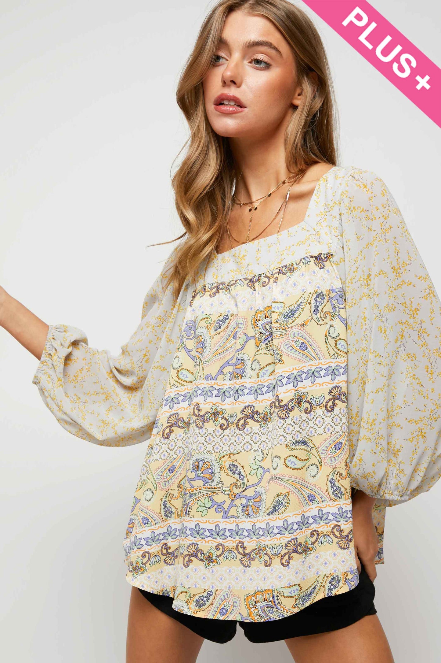 PLUS PRINTED SQUARE NECK LOOSE TOP - 219 Main Marketplace