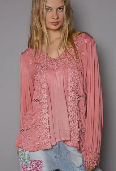 POL Long sleeve pink lace top